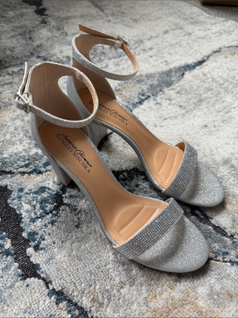 Badgley Mischka Silver Glitter Ankle-Strap Block Heels